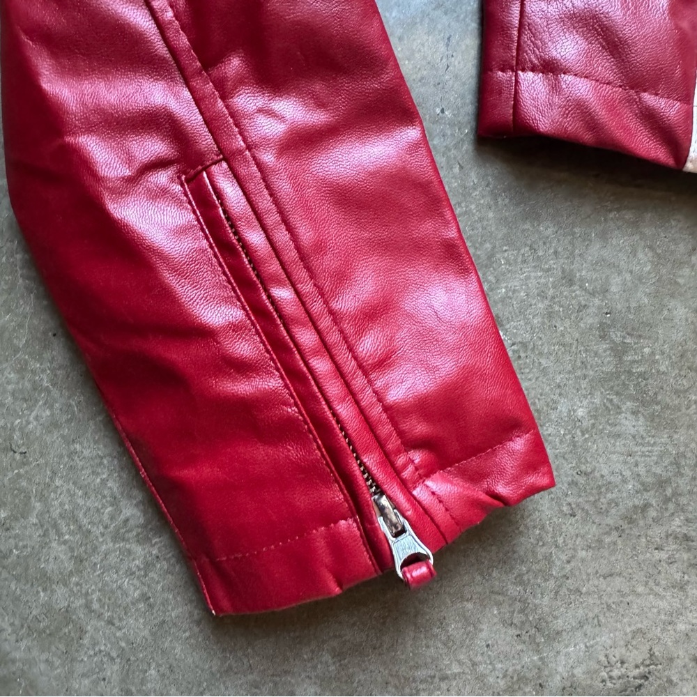 Red and White Women's Faux Leather Jacket - Picture 4 of 7